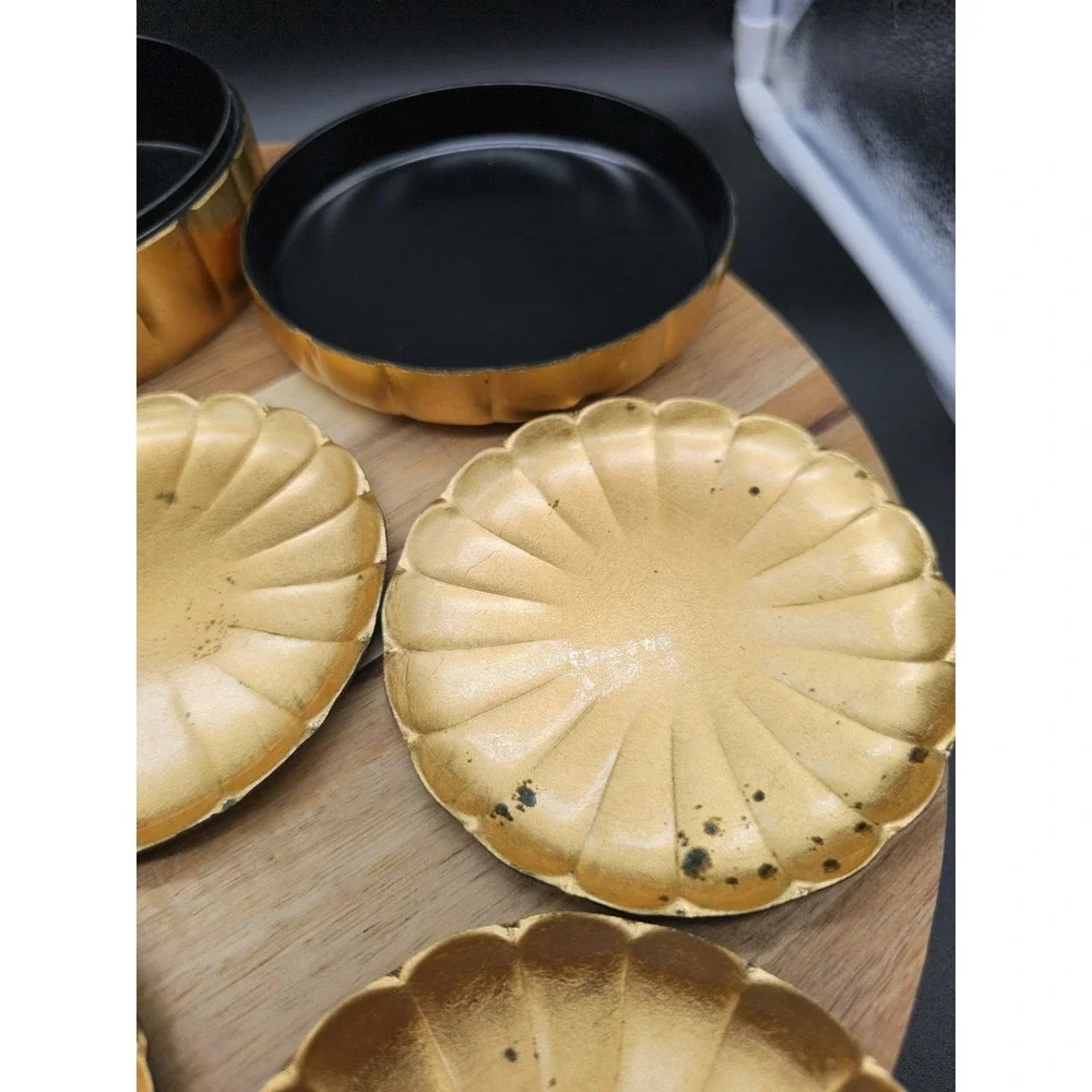 Vintage Otagiri Trinket Box/ Coaster Set Gold‎ Laquer